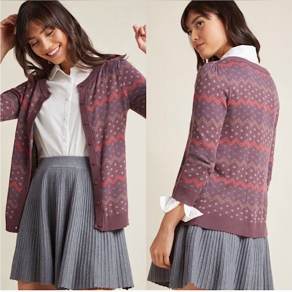 Modcloth S Cardigan INTARSIA Chevron Fair Isle Purple Geometric Preppy Layering